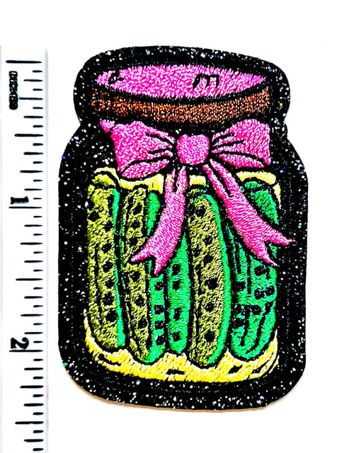 Pickle Jar patch with pink bow - Embroidered Iron on patch