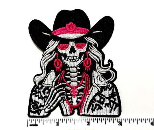 Pink Skeleton Cowgirl - Embroidered DIY Iron on patch
