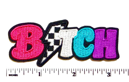 Bitch with checkered lightning bolt - Embroidered Iron on patch 3.25”