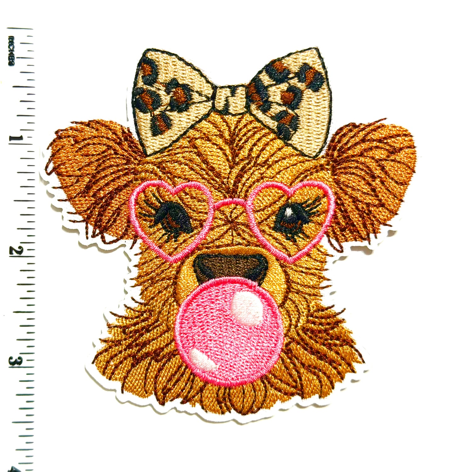 Highland Cow with pink sunglasses and bubblegum - Embroidered Iron on patch 3.25”