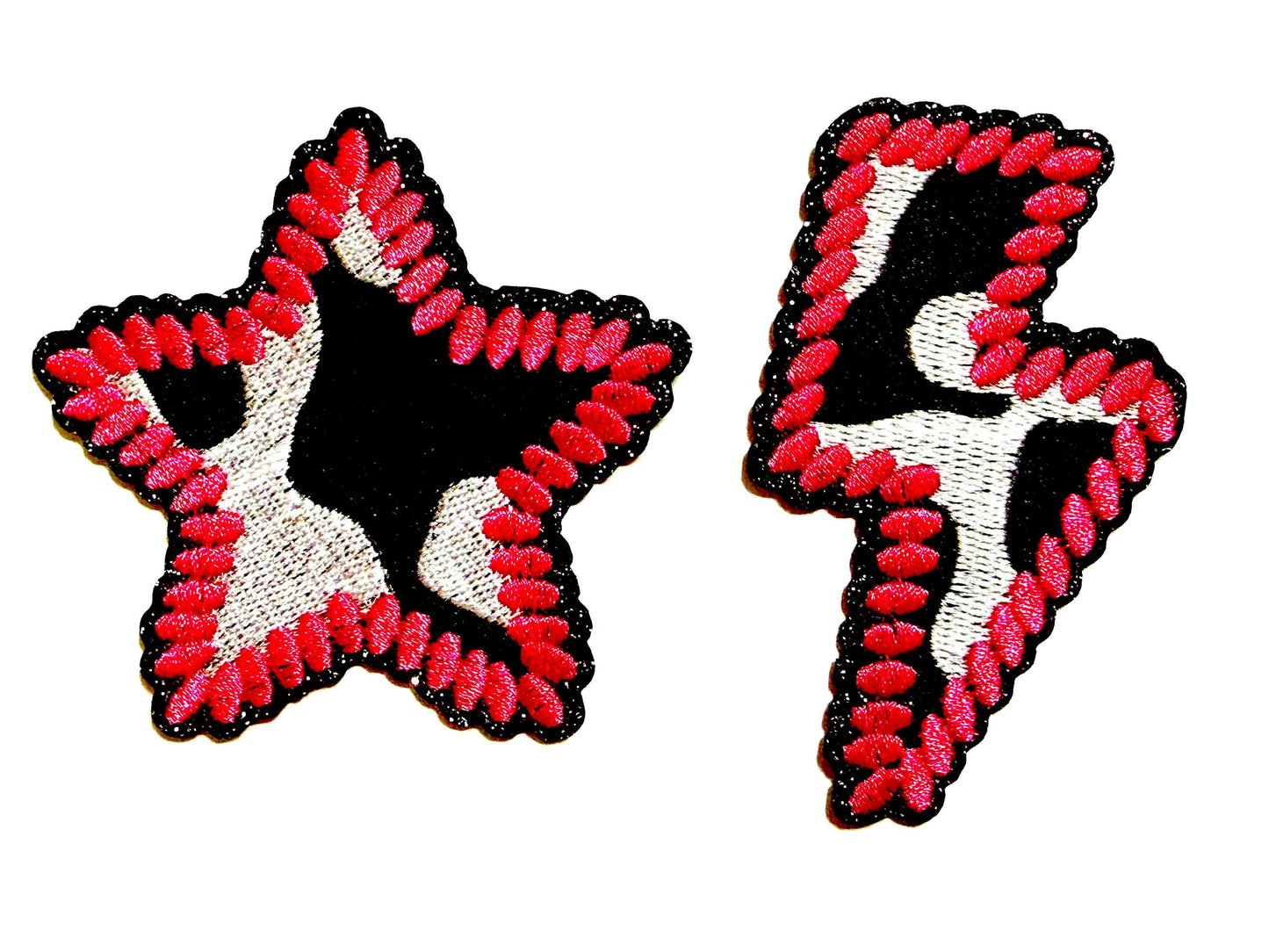 Cow print & Hot Pink Patches - lightning bolt, star - Embroidered Iron-On patches