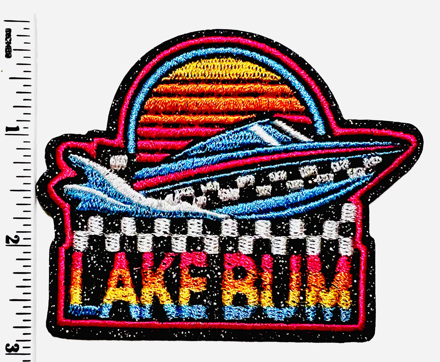 Lake Bum patch- Embroidered DIY Iron on patch with glitter