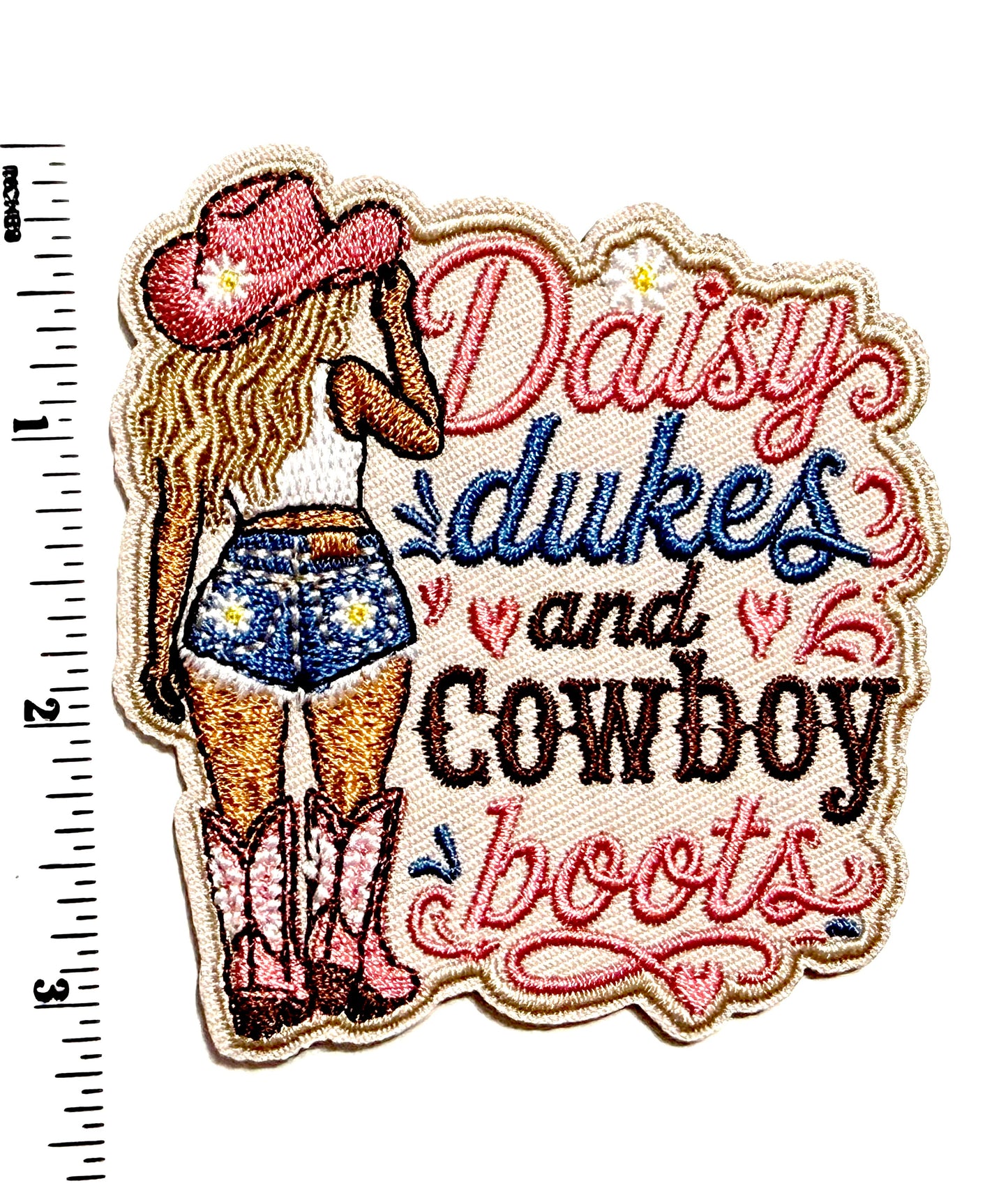 Daisy Dukes & Cowboy Boots patch - Embroidered Iron On Patch 3.25”