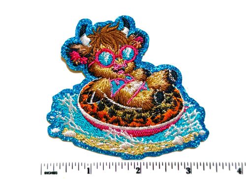 Highland Cow on a pool Float - Embroidered Patch with blue glitter 3.5”