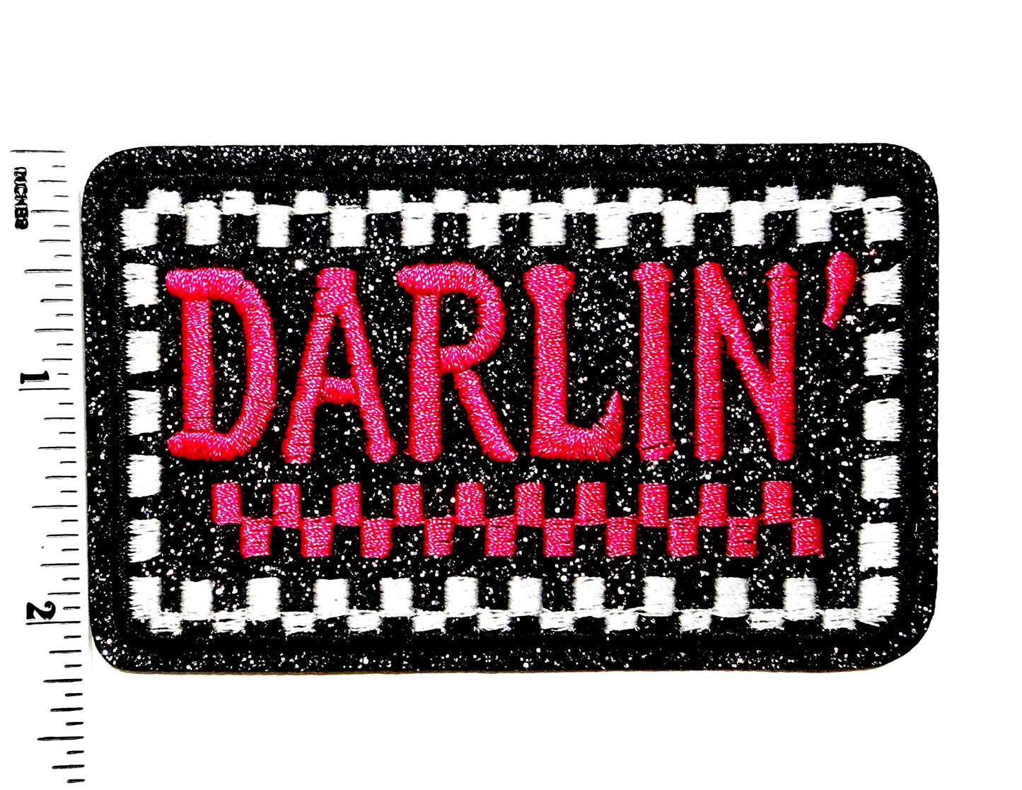 DARLIN’ hot pink checkered patch - Embroidered Iron on patch with glitter