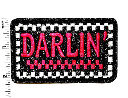 DARLIN’ hot pink checkered patch - Embroidered Iron on patch with glitter