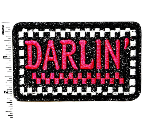 DARLIN’ hot pink checkered patch - Embroidered Iron on patch with glitter