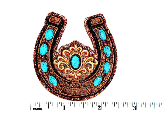 Horseshoe decorative brown glitter and turquoise – Embroidered Iron-On patch 2.5”