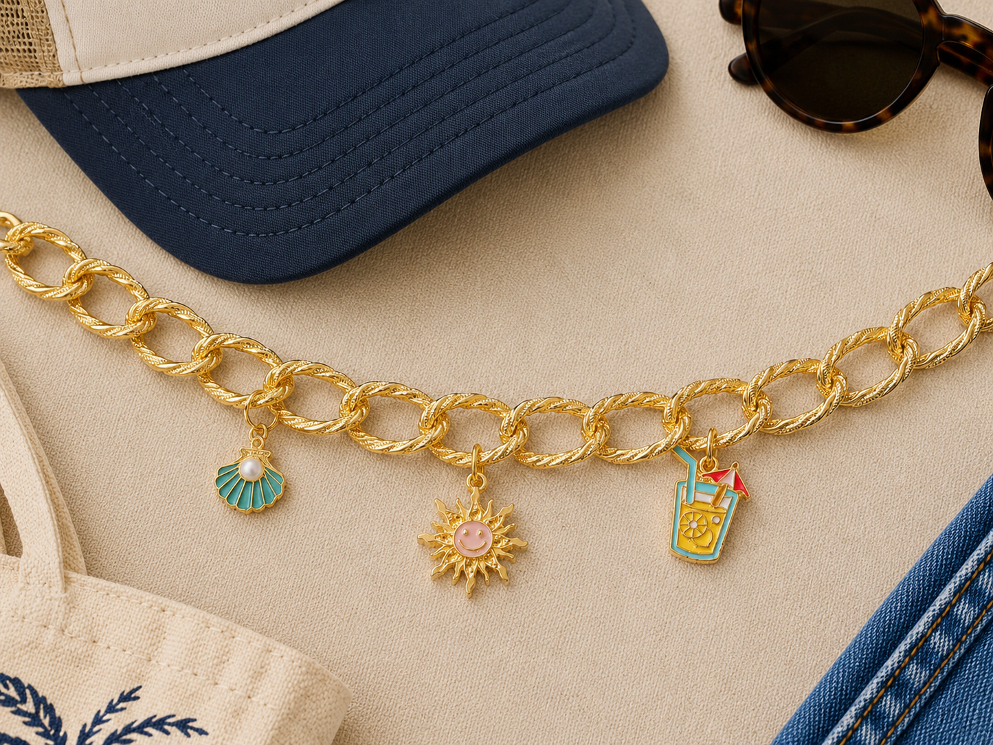 Sunny Days Charm Trucker Hat Chain | Beach-Inspired Gold Hat Accessory with Summer Charms