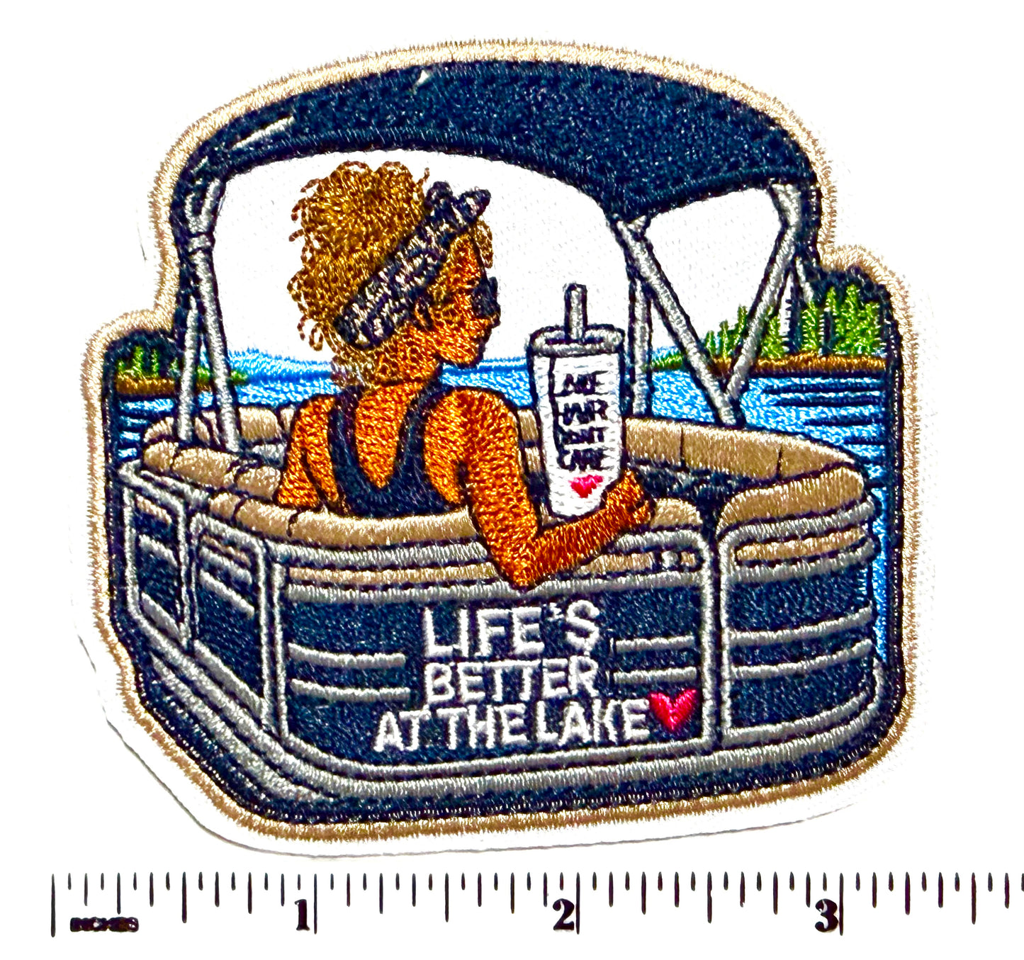 Life’s Better at the Lake pontoon boat patch- Embroidered Iron on patch 3.25”