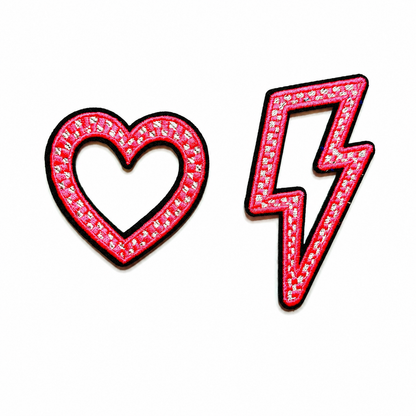 Neon Pink Heart or Lightning Bolt patches - Embroidered Iron On Filler Patches