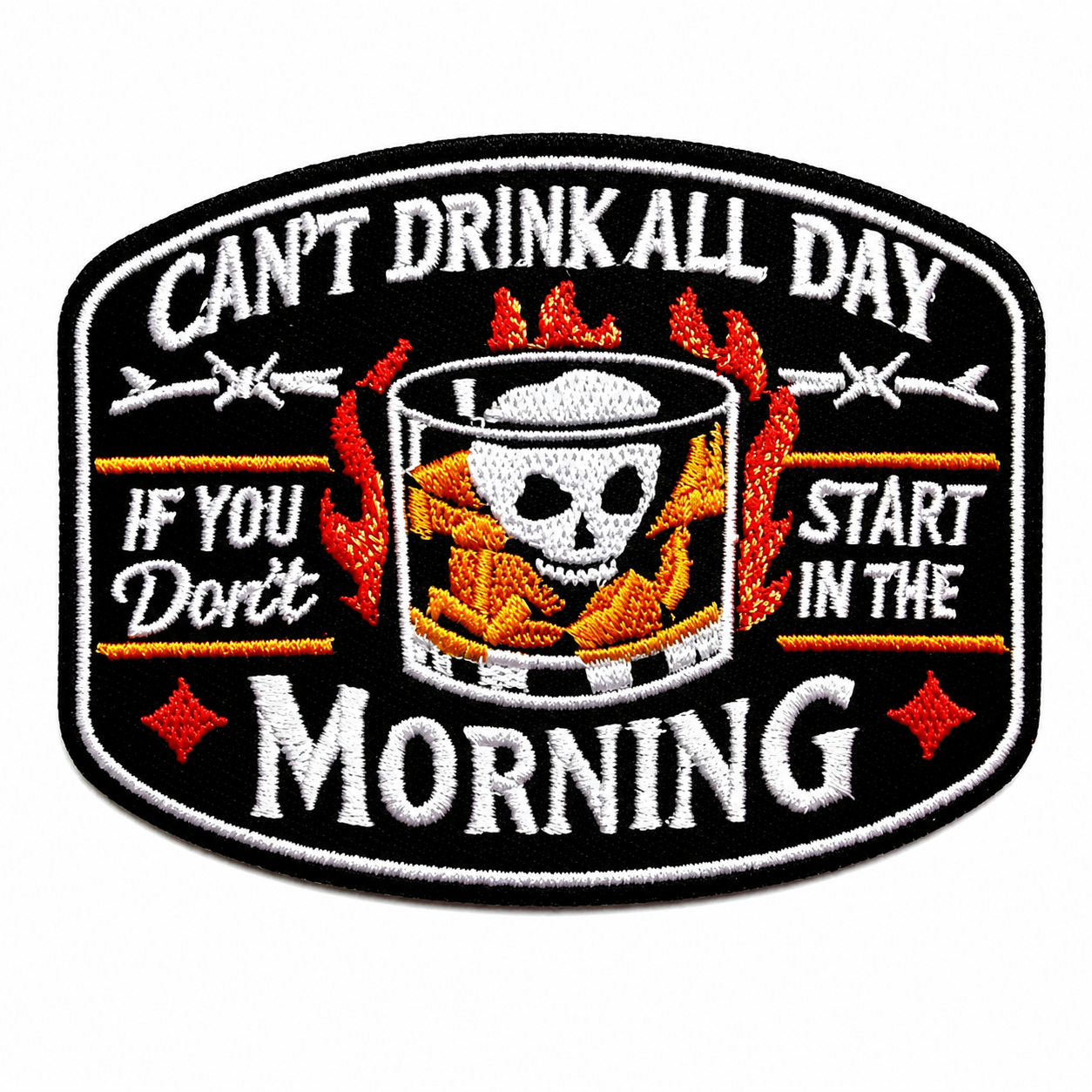 Can’t Drink All Day If You Don’t Start in the Morning Patch, Funny Skull Whiskey Iron On Patch, Biker Jacket Vest, Hat Patch