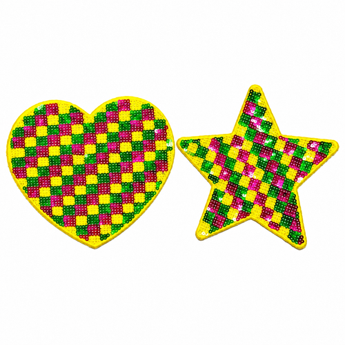 Mardi Gras Checkered Heart or Star - 5” Sequins Iron On Patch