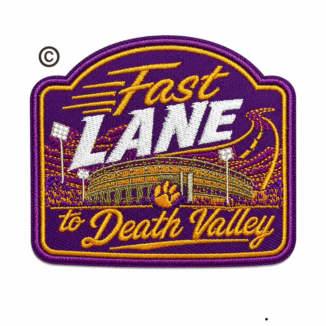 Fast LANE to Death Valley Purple & Gold Tigers patch - Embroidered Iron on patch 3”