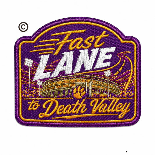 Fast LANE to Death Valley Purple & Gold Tigers patch - Embroidered Iron on patch 3”