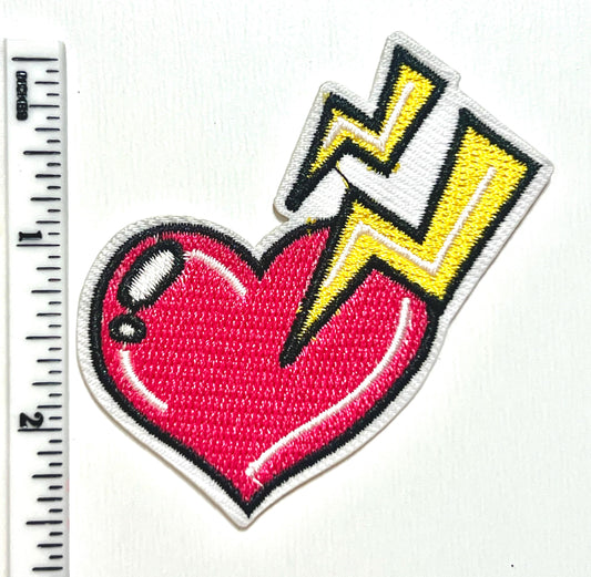 Hot pink heart with lightning bolts - Embroidered Iron on patch 2.5”