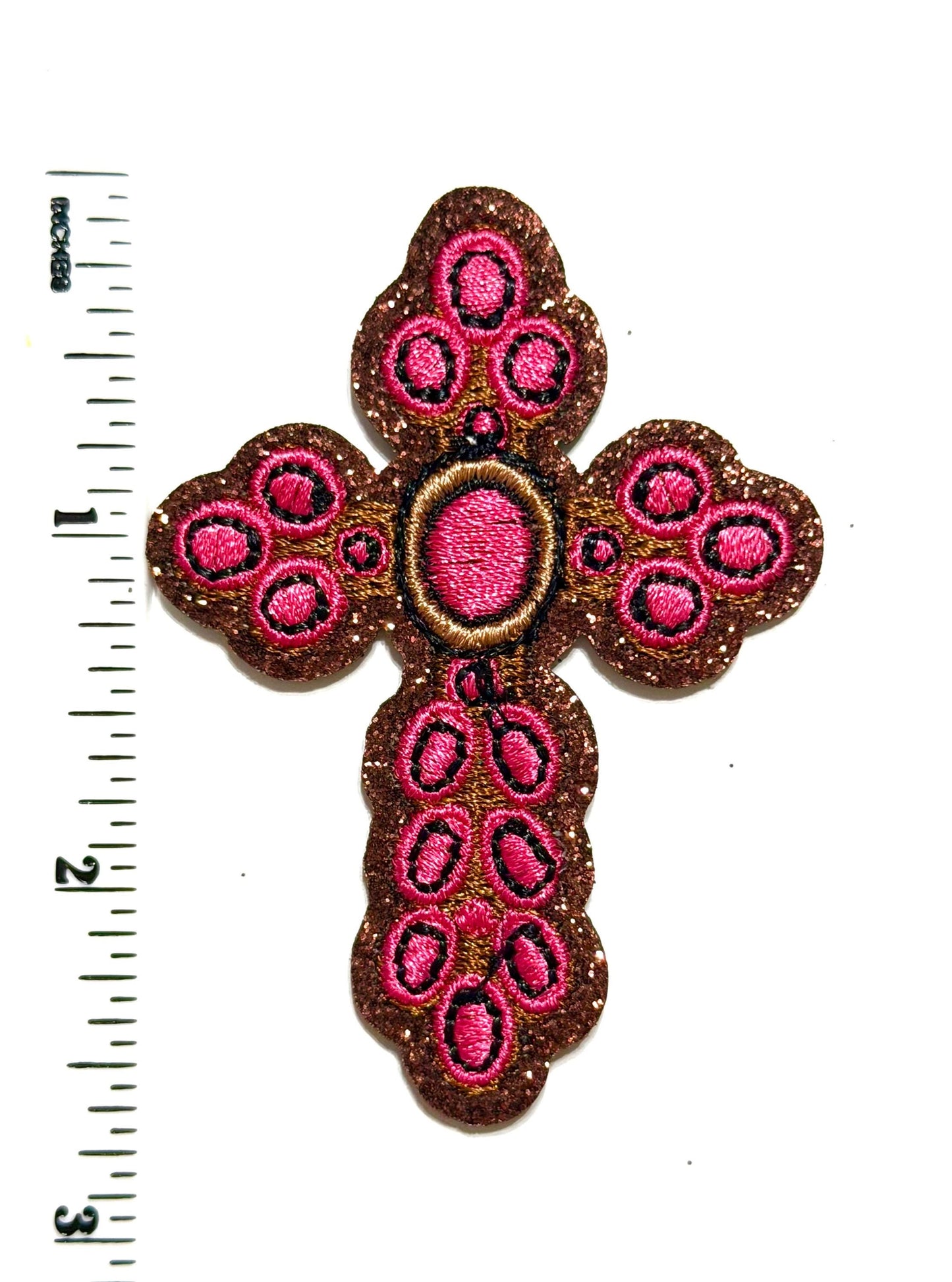 Cross with Pink detail and Brown Glitter - Embroidered iron on patch 2.5”