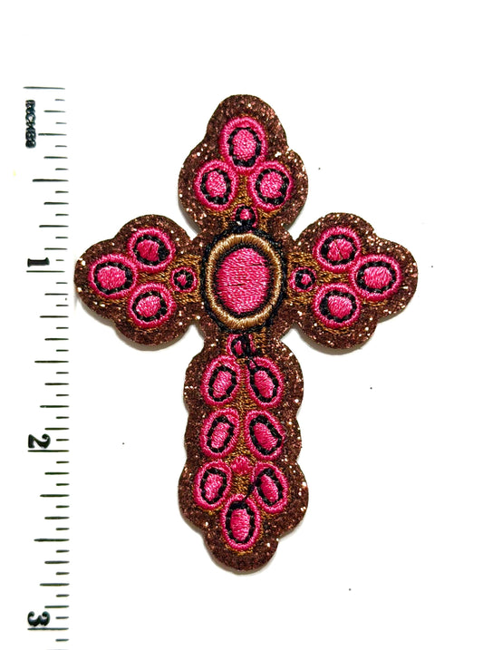 Cross with Pink detail and Brown Glitter - Embroidered iron on patch 2.5”