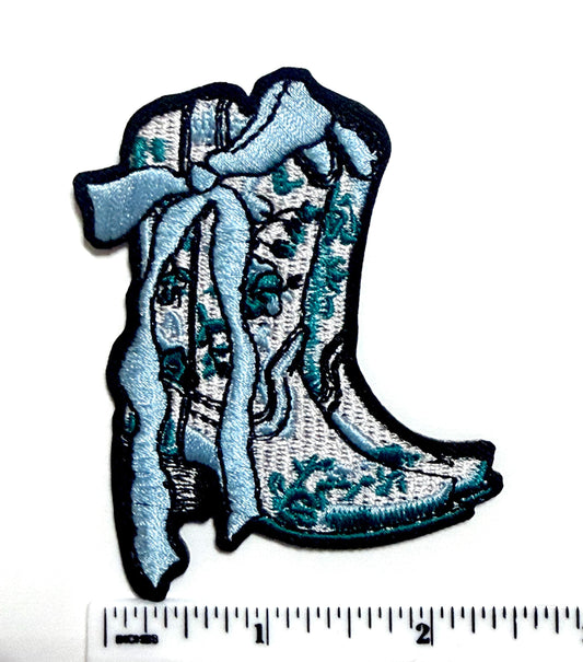 Cowgirl Boot patches - Embroidered DIY Iron on patch with blue bow