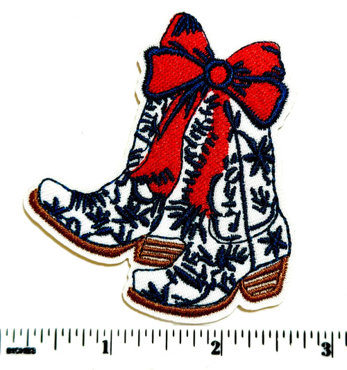 Patriotic Cowboy Boots Patch – Red Bow, Blue Detail 2.75"