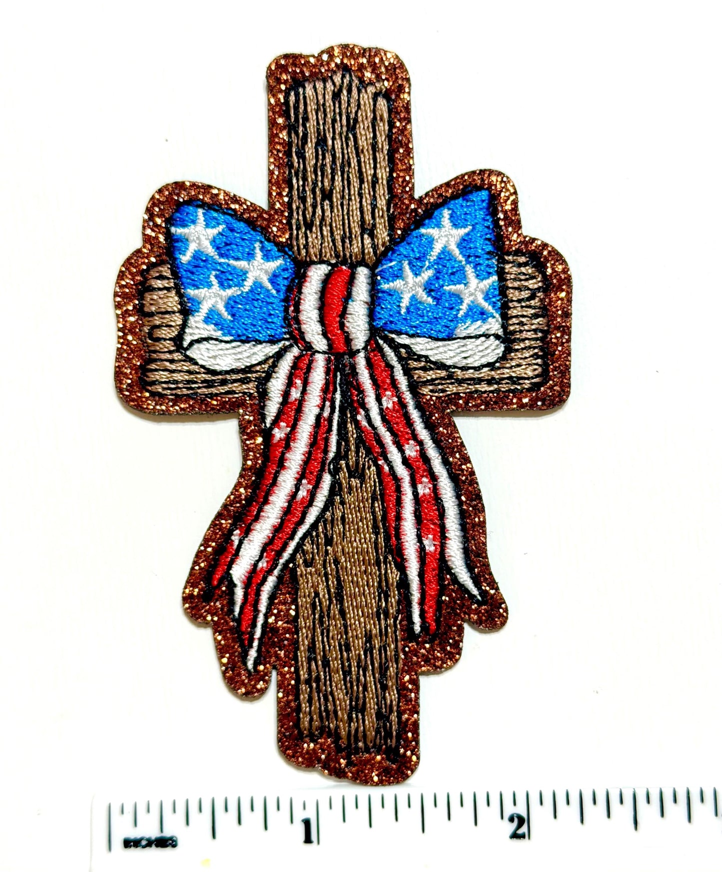Cross with American flag bow patch - Patriotic Embroidered DIY Iron on patch