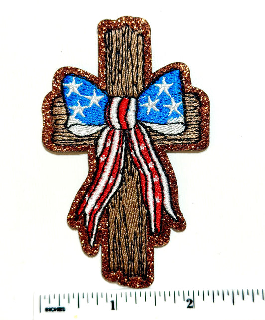 Cross with American flag bow patch - Patriotic Embroidered DIY Iron on patch