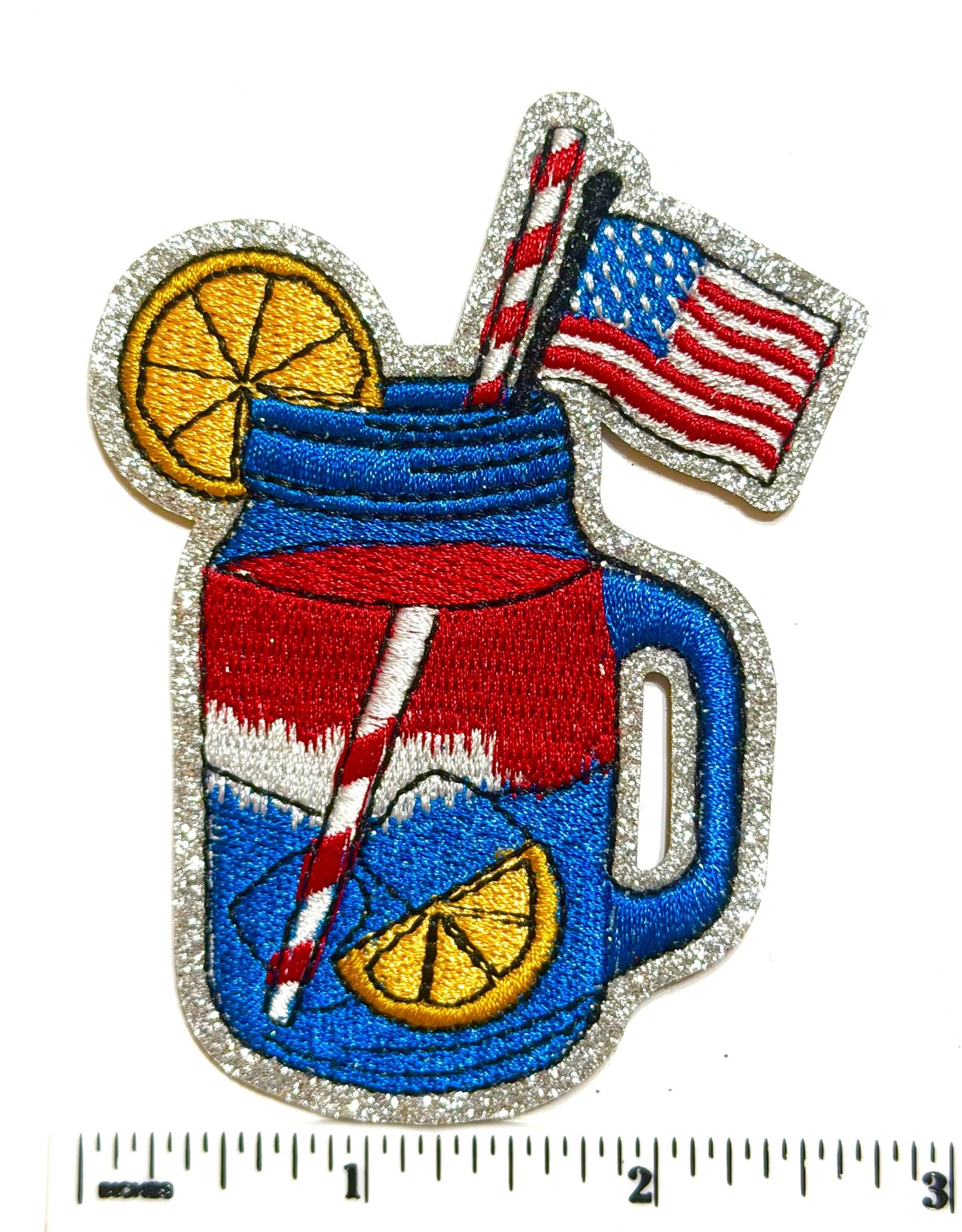 Patriotic Mason Jar Iced Tea Lemonade Embroidered Iron on Patch 3.5”