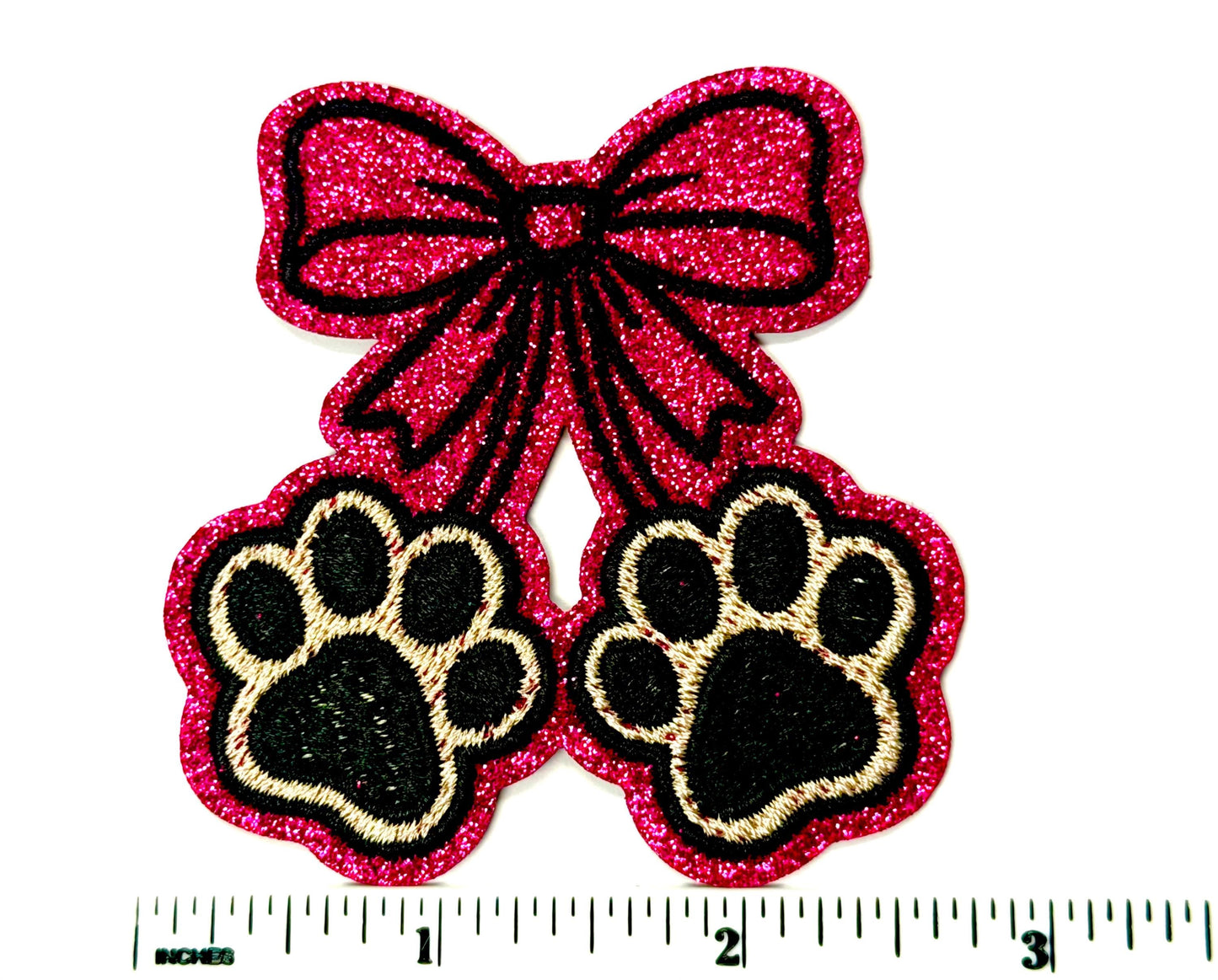 Pink glitter Bow with Paw Prints - Embroidered DIY Iron On Patch 2.75