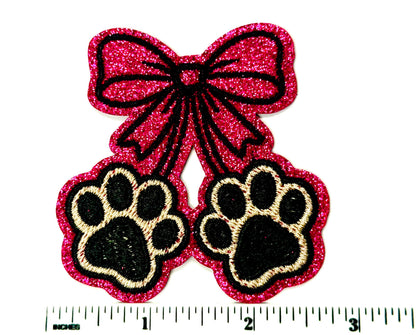 Pink glitter Bow with Paw Prints - Embroidered DIY Iron On Patch 2.75