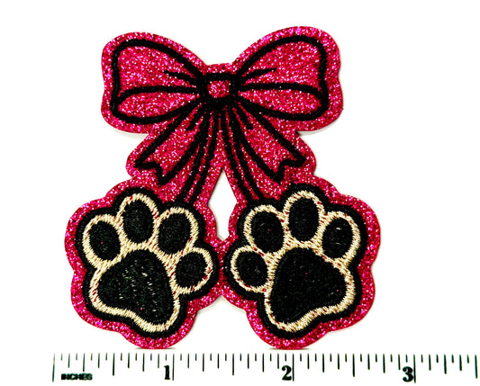 Pink glitter Bow with Paw Prints - Embroidered DIY Iron On Patch 2.75