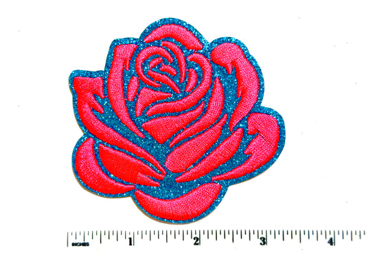 Rose Neon Pink & glittered - Embroidered Iron On Patch 3”