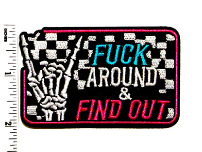Fuck around and find out checkered Skelly hand patch - Embroidered Iron on patch 3”
