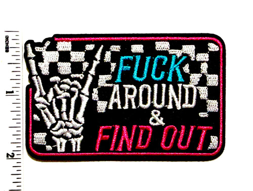 Fuck around and find out checkered Skelly hand patch - Embroidered Iron on patch 3”