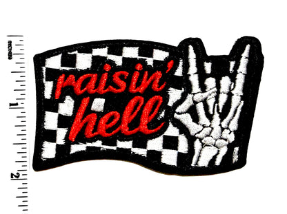 Raisin’ Hell Checkered Skelly Hand patch - Embroidered Iron on patch 3”
