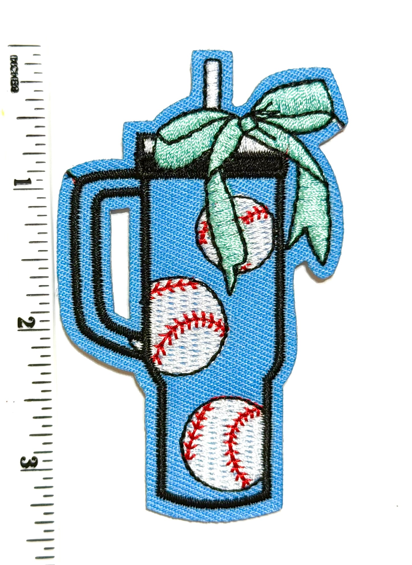 Baseball Tumbler Mug with bow patch - Embroidered Iron On Patch 3.5”