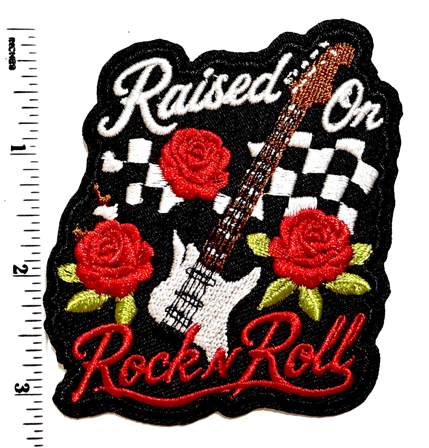 Raised on Rock n Roll checkered patch - Embroidered Iron on pathetic 3.25”