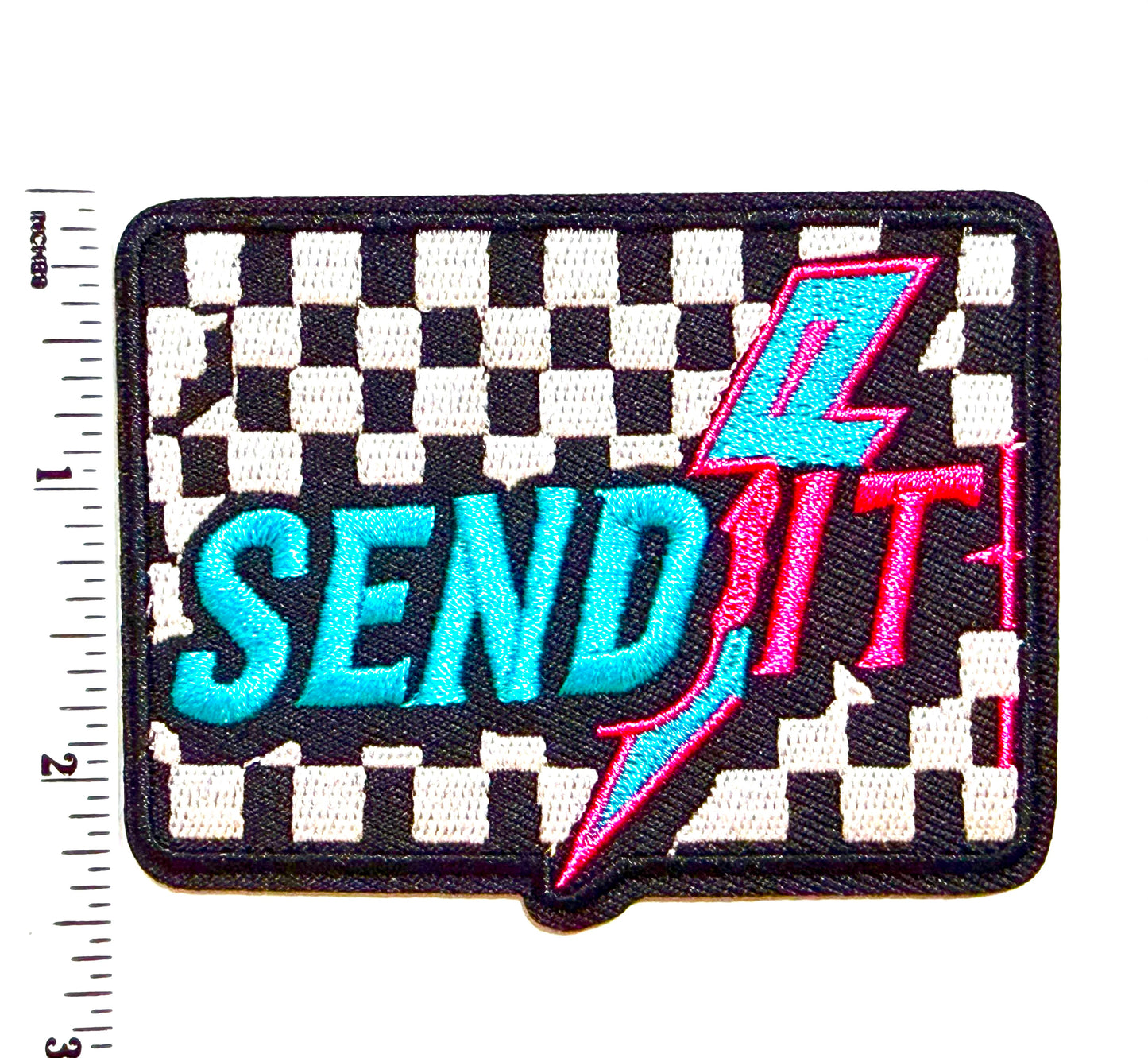 Send It checkered racing patch - Embroidered iron on patch 3”