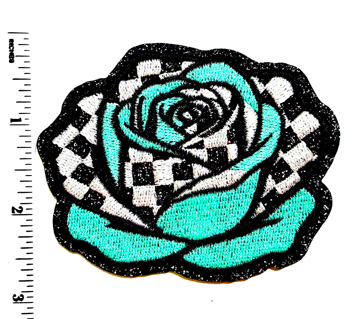 Rose Checkered Teal & glittered - Embroidered Iron On Patch 3.25”
