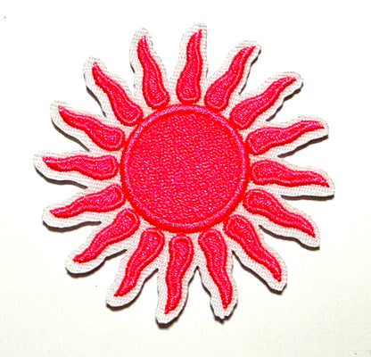 Neon Pink Sun patch - Embroidered Iron On patch 2.5”