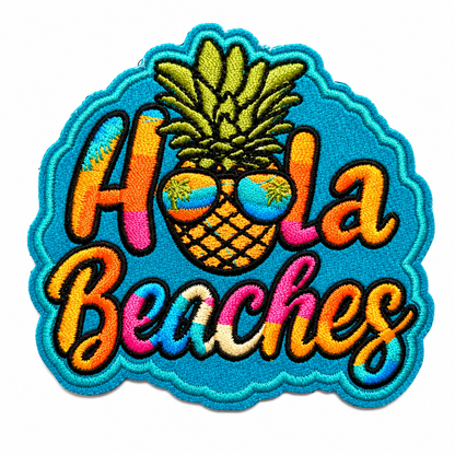Hola Beaches patch - Embroidered Iron On Leatherette patch 3”