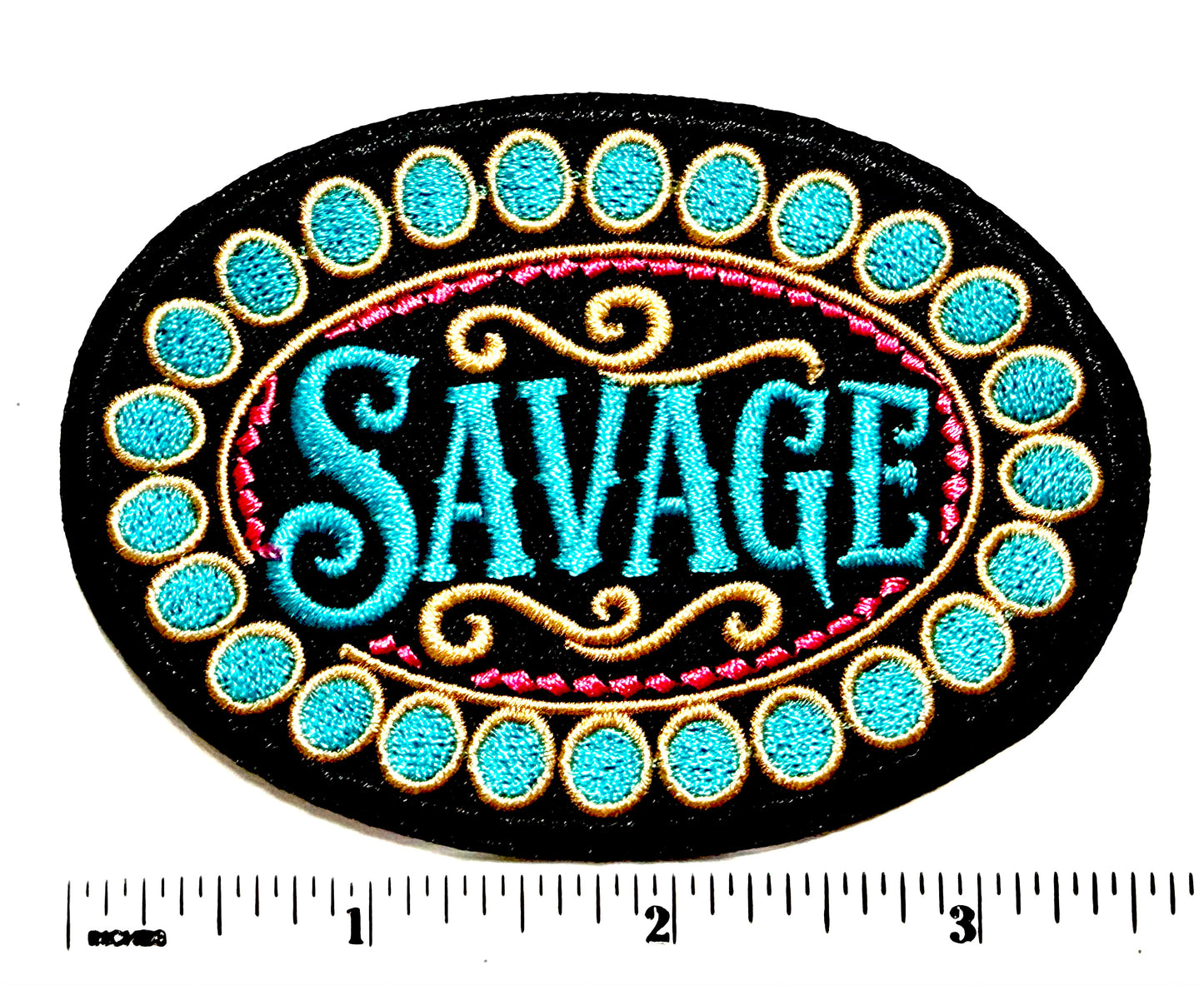 Savage patch in hot pink or turquoise - Embroidered Iron On Patch 3.5”