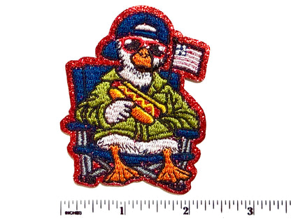 Patriotic Duck Eating Hotdog patch - Embroidered Iron On Patch 3”
