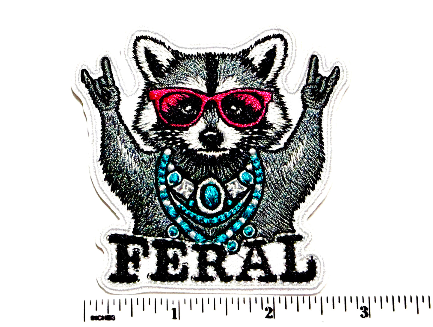 Feral Raccoon Rock On patch - Embroidered Iron On Patch 3”