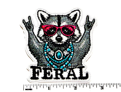 Feral Raccoon Rock On patch - Embroidered Iron On Patch 3”