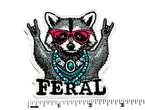 Feral Raccoon Rock On patch - Embroidered Iron On Patch 3”