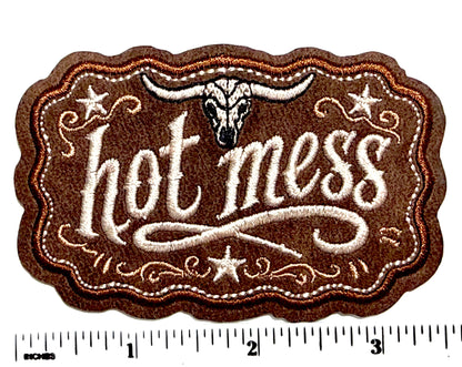 Hot Mess leatherette patch - Embroidered Iron on leatherette patch 3.5”