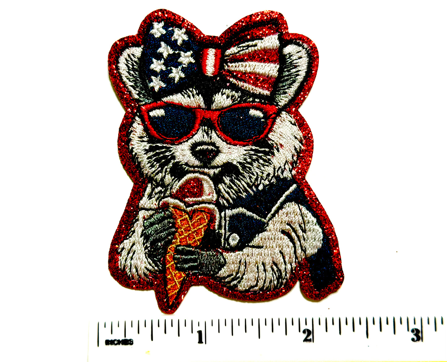 Patriotic Raccoon with Ice Cream patch - Embroidered and glitter Iron On Patch 2.75”