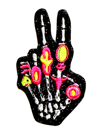 Skeleton Hand peace sign patches - Embroidered Iron on patches 3”