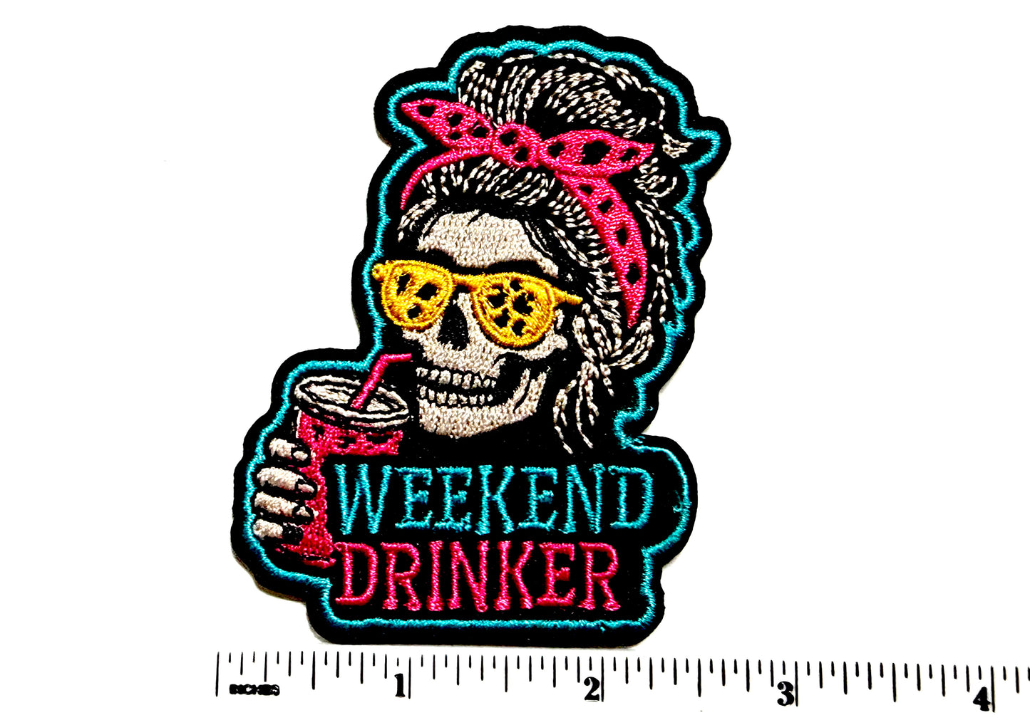 Skelly Girl Messy Bun Weekend Drinker patch - Embroidered Iron On Patch 3.25”