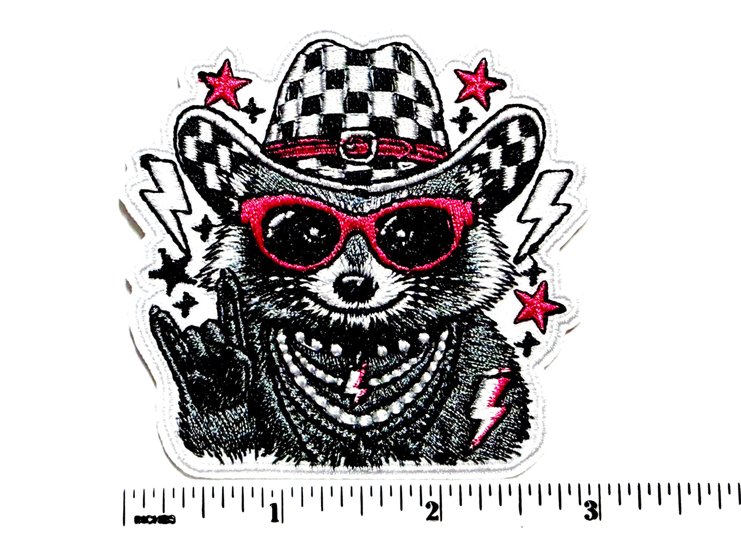 Raccoon Rock On patch - Embroidered Iron On Patch 3”